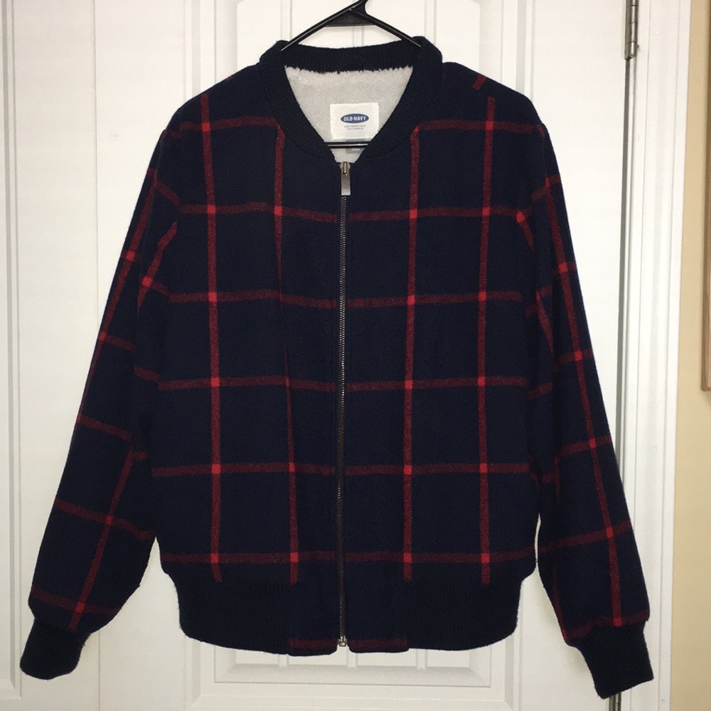 Navy and Red Wool Bomber Coat